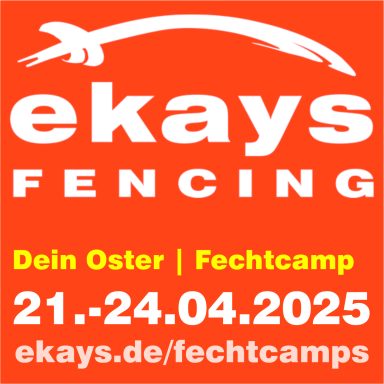 Orange Hintergrund mit Text zu einem Fechtcamp vom 21. bis 24. April 2025.